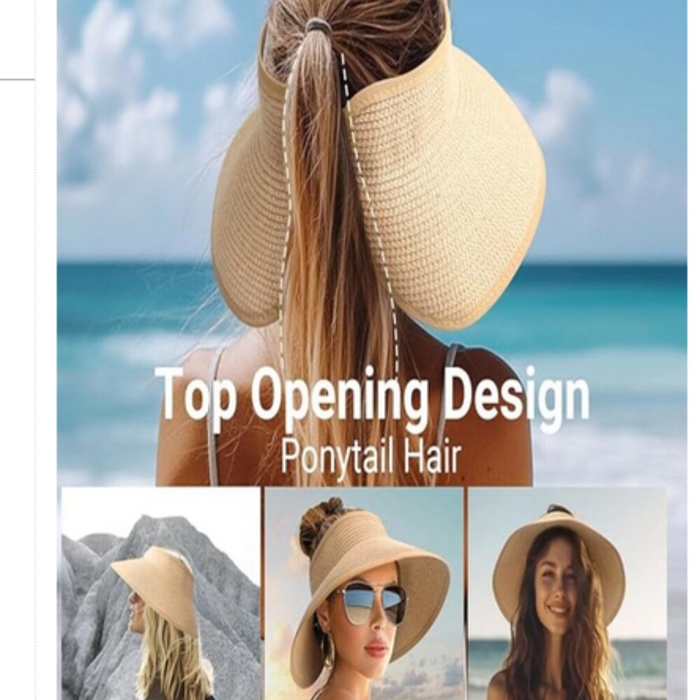 Zenana Woven Straw Adjustable Ponytail Wide Brim Travel Sun Visor Hat - Picture 5 of 11